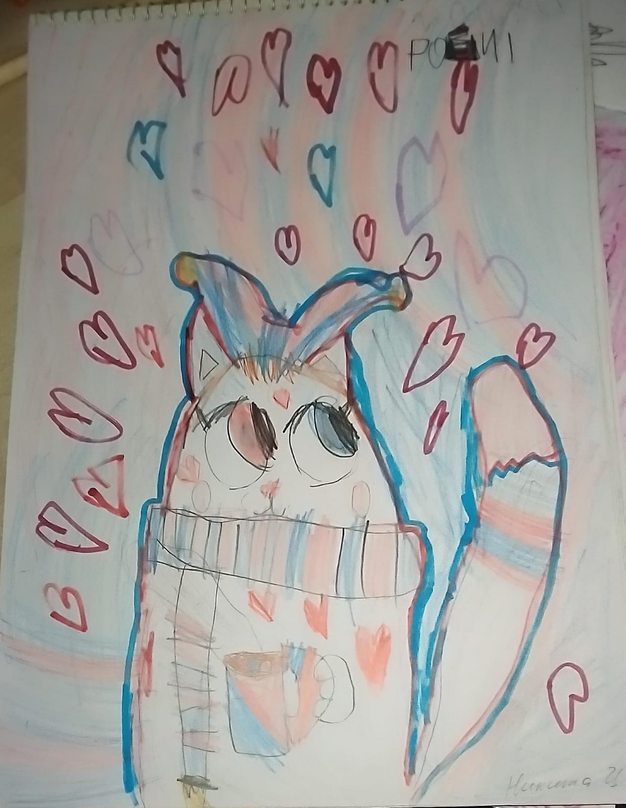 1"Б" класс сегодня рисовали чудных котиков. С кружечкой чая и шарфиком.